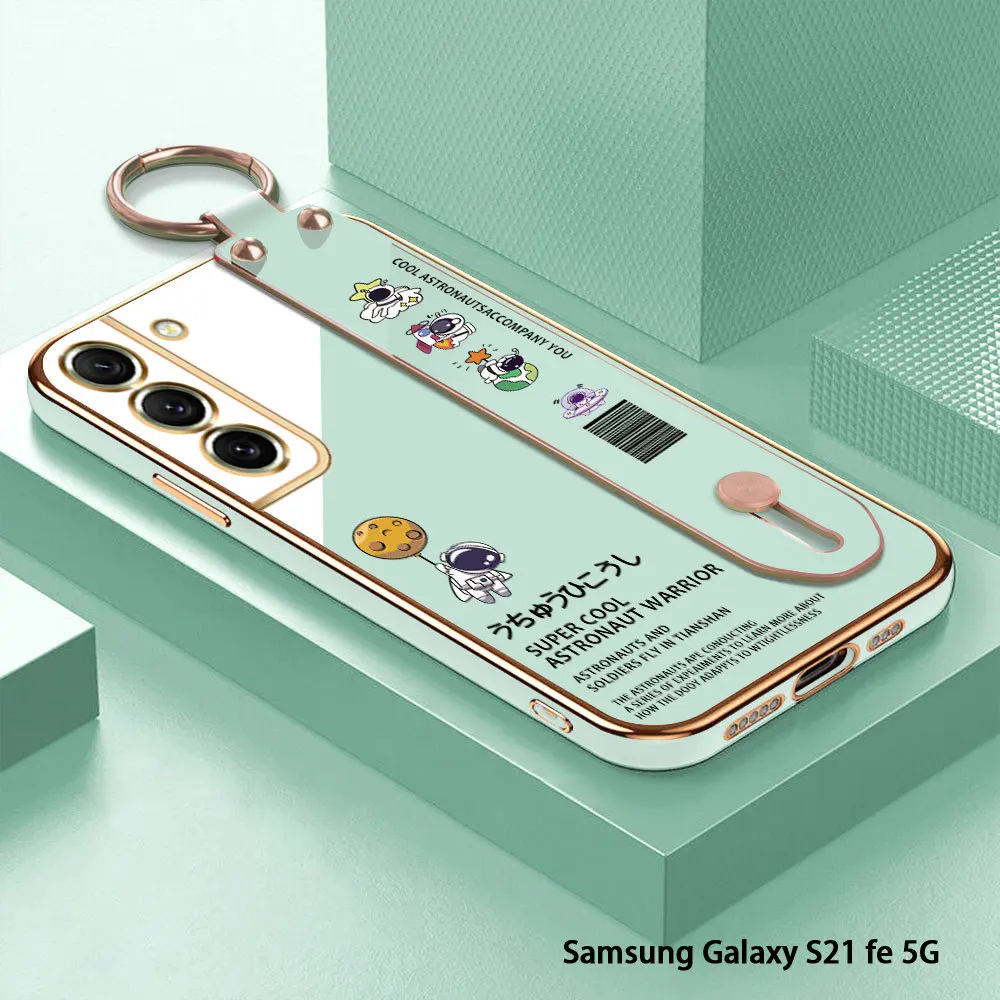 

(With Wristband) For Samsung Galaxy S21 FE S21 Plus S21 Ultra 5G Astronaut Pattern Back Cover Luxury Plating TPU Phone Case