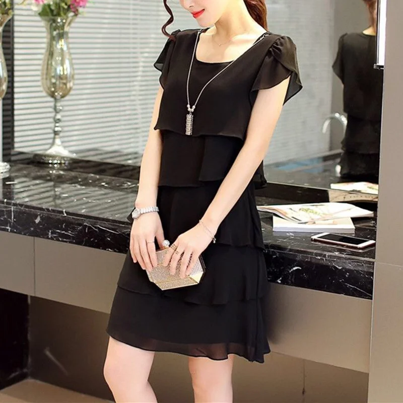 Summer slim mid-length chiffon dress loose short sleeves to send mom's pajamas fashion simple o collar casual peplum nightdress