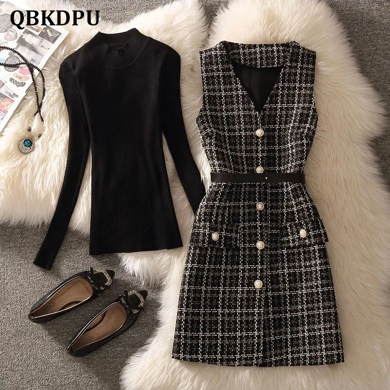 

Vintage V Neck Plaid Tweed Vest Jacket 2 Piece Set Women Outfits Elegant Unlined Pearl Buttons Belted Waistcoat And Sweater Suit