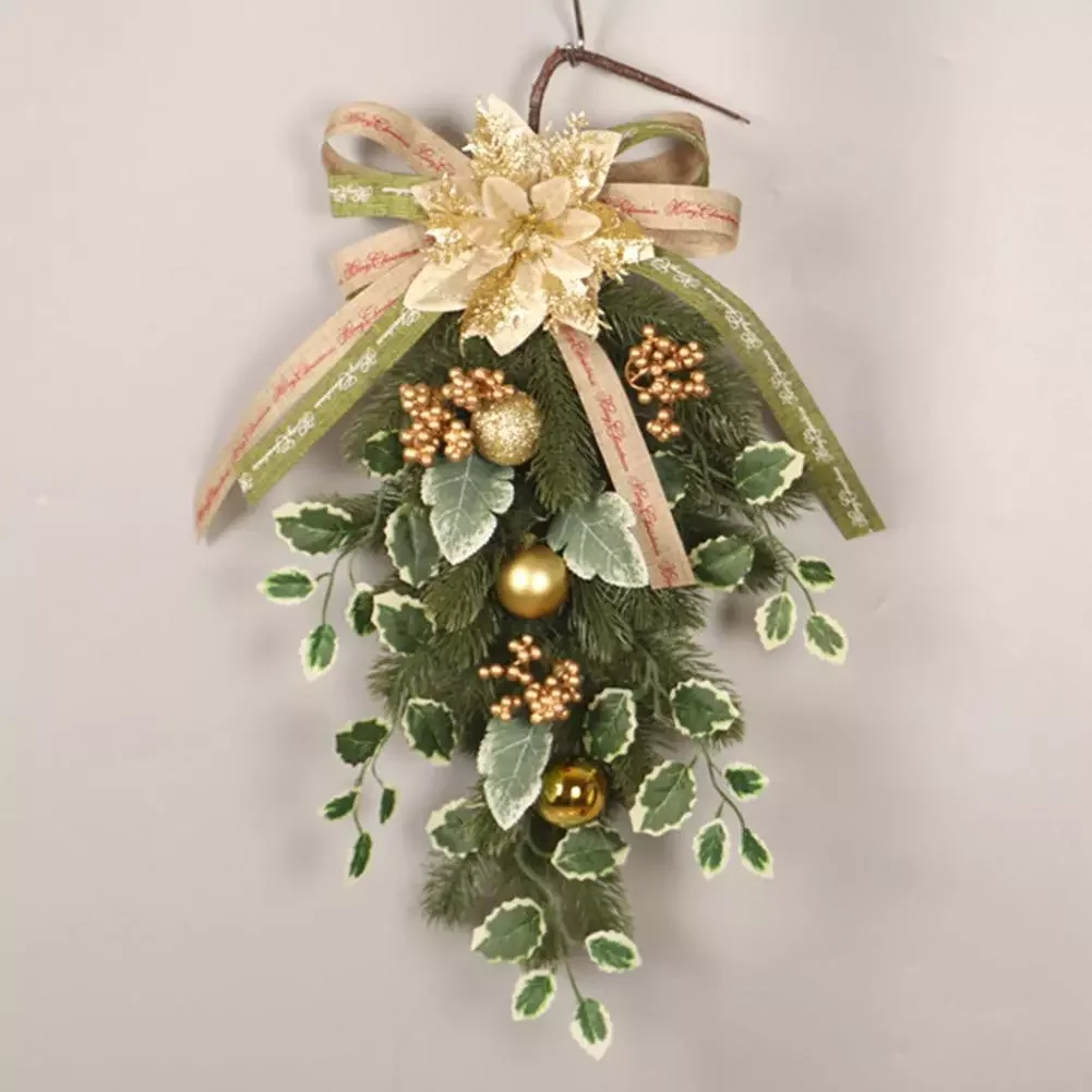 

Pre-Lit Christmas Wreath Artificial Golden Christmas Flower Berries And Bow Wreath For Christmas Holiday Wall Door Window Decor