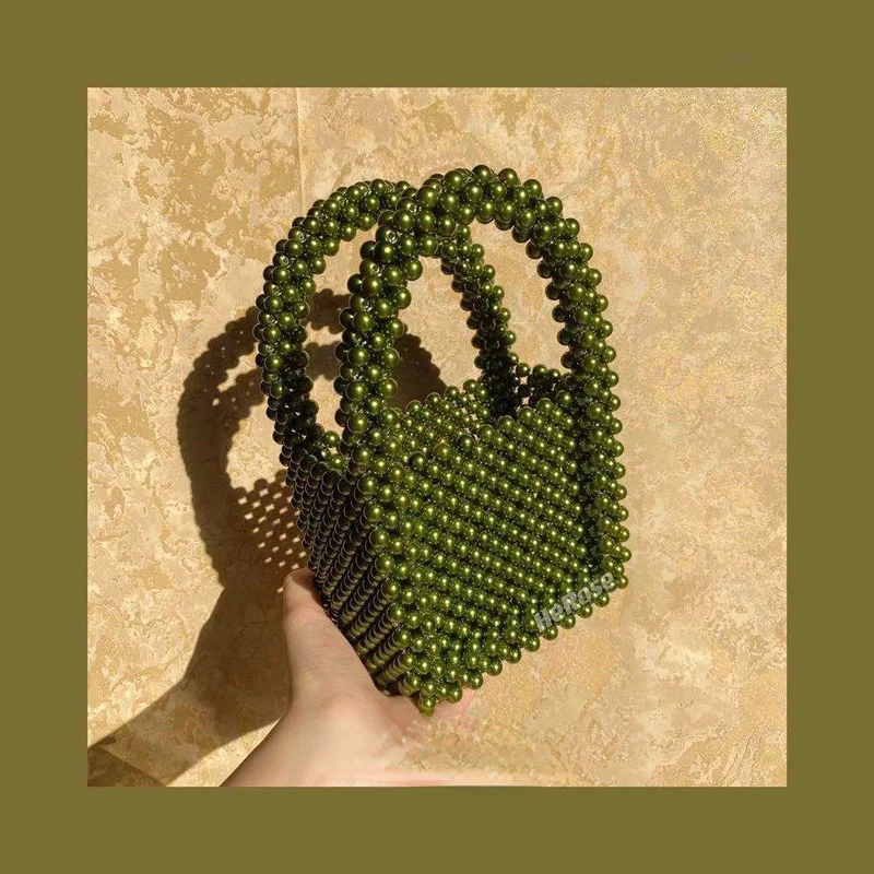 Fashion Design Green Beaded Handmade Women Top-Handle Summer Shoulder Messenger Bag Beach Party Evening Clutch Handbag Purses