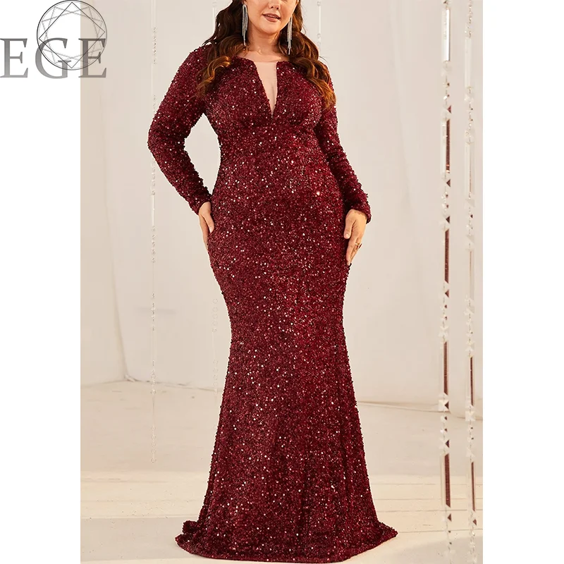 2023 Plus Size Sequins V Neck Long Sleeves Luxury 4XL 5XL Maxi Dress Wedding Banquet Party Mermaid Ladies Plus Size Dresses
