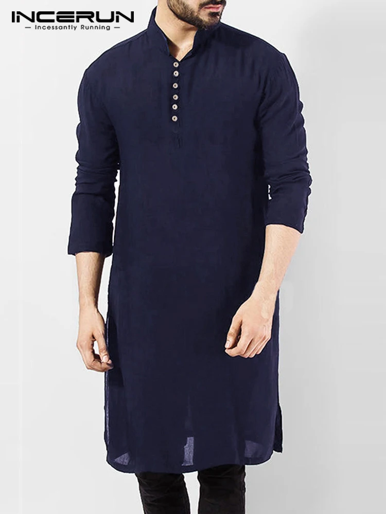 

INCERUN Vintage Men Casual Shirt Cotton Long Sleeve Stand Collar Solid Color Long Tops Streetwear Retro Muslim Kaftan Camisas