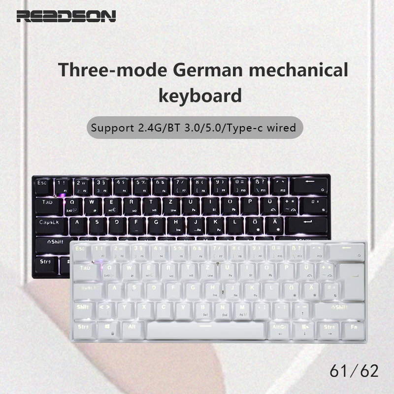 

Bluetooth Mechanical Keyboard German Layout 61 62 Keys 2.4Ghz Black White Color Backlight Through Mini Desktop Laptop Game PC