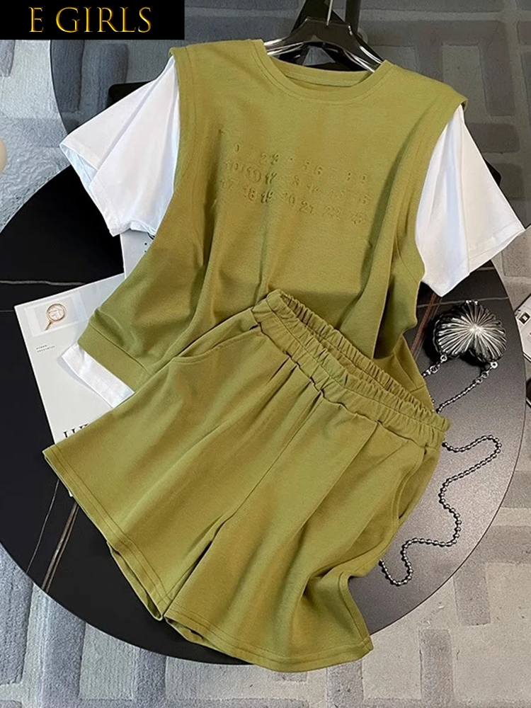 

F GIRLS Casual Fashion Sportswear Summer Outfits 2023 Splicing Fake Two-Piece Short Sleeved Tops+Wide Leg Shorts Two Piece Set F
