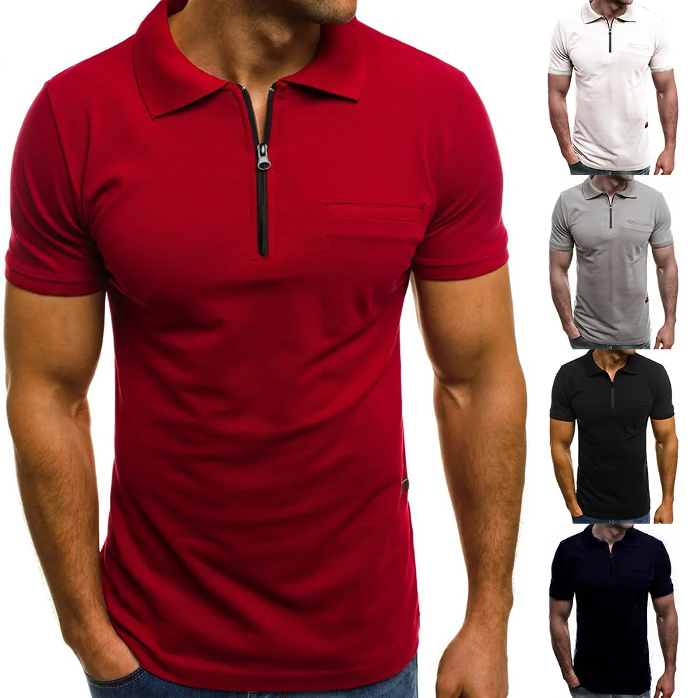 

3XL Summer Solid Color Men Patch Pocket Zipper Turn Down Collar Short Sleeve T-Shirt Male Top Men's Clothing 2022 Dropshipping
