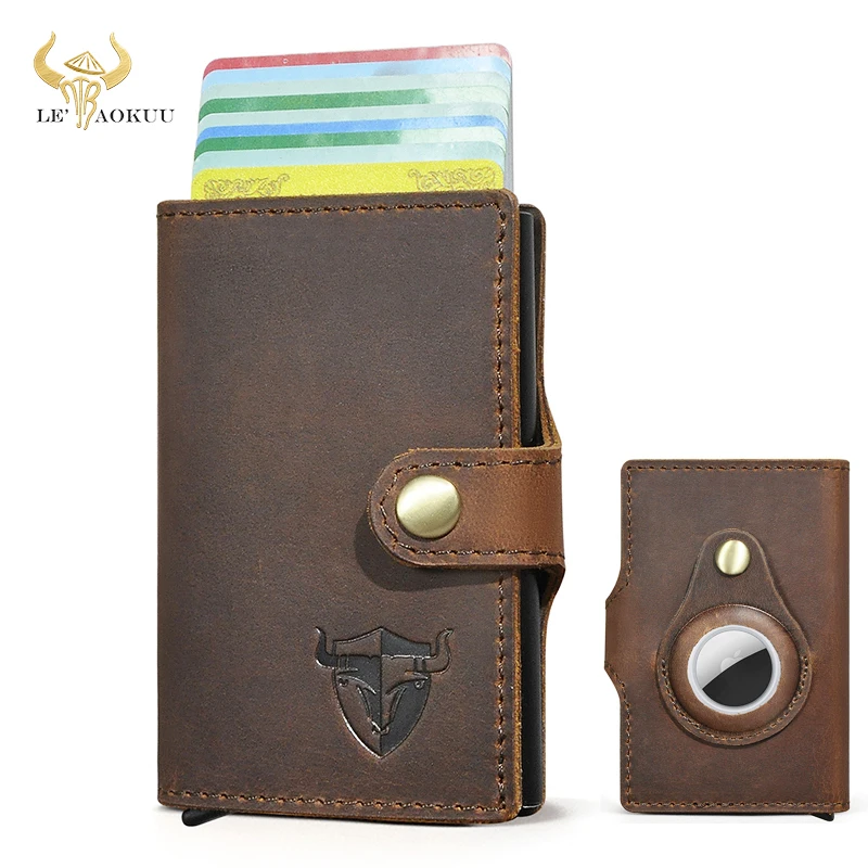 

Top Quality Crazy Horse Leather Gift Slim Card Box Airtag Case Holder Cash Money Mini Handy Snap Wallet Purse For Men Male 1689