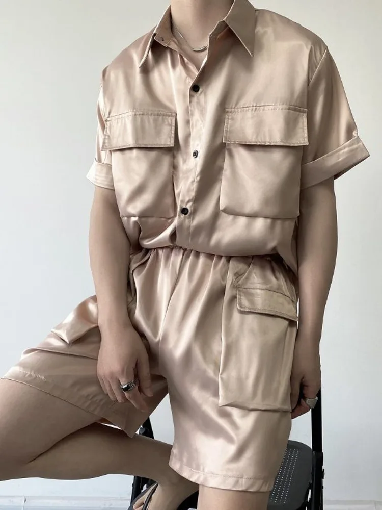 

SYUHGFA Men Clothing Short Sleeve T-shirt Loose Causal 2022 Summer Satin Shorts Korean Fashion Streetwear Two Pieces Sets