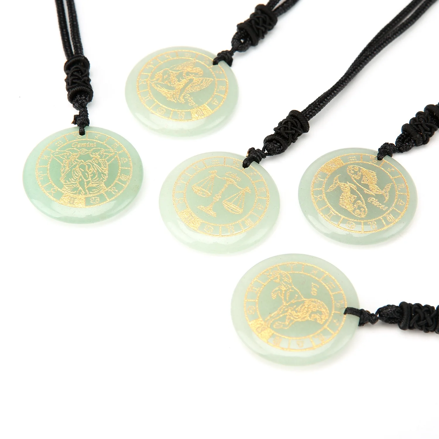 

Natural Green Aventurine 12 Constellation Pendant Healing Crystal Stone Charms Gem Engraved Zodiac Sign Necklace for Women Gift