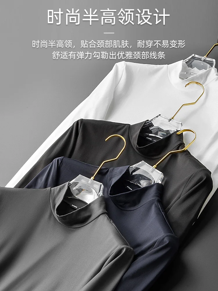 Autumn and Winter Half Turtleneck Bottoming Shirt Men's Long-Sleeved T-shirt Fleece-lined Warm Long Johns Top Middle Collar I... |