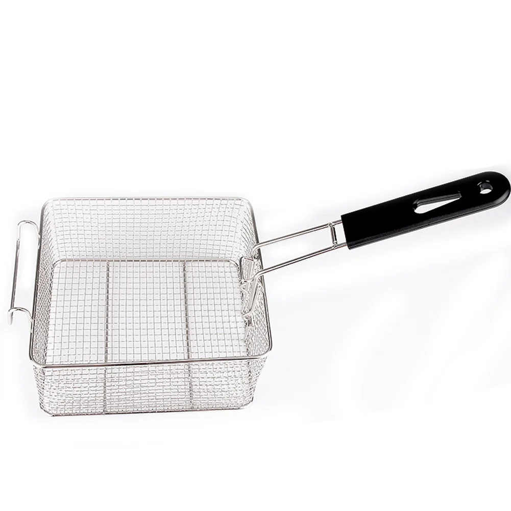 

Fryer Stainless Steel Serving Kitchen Tool Strainer Hanging Plastic Handle Fry Basket Food Square Detachable