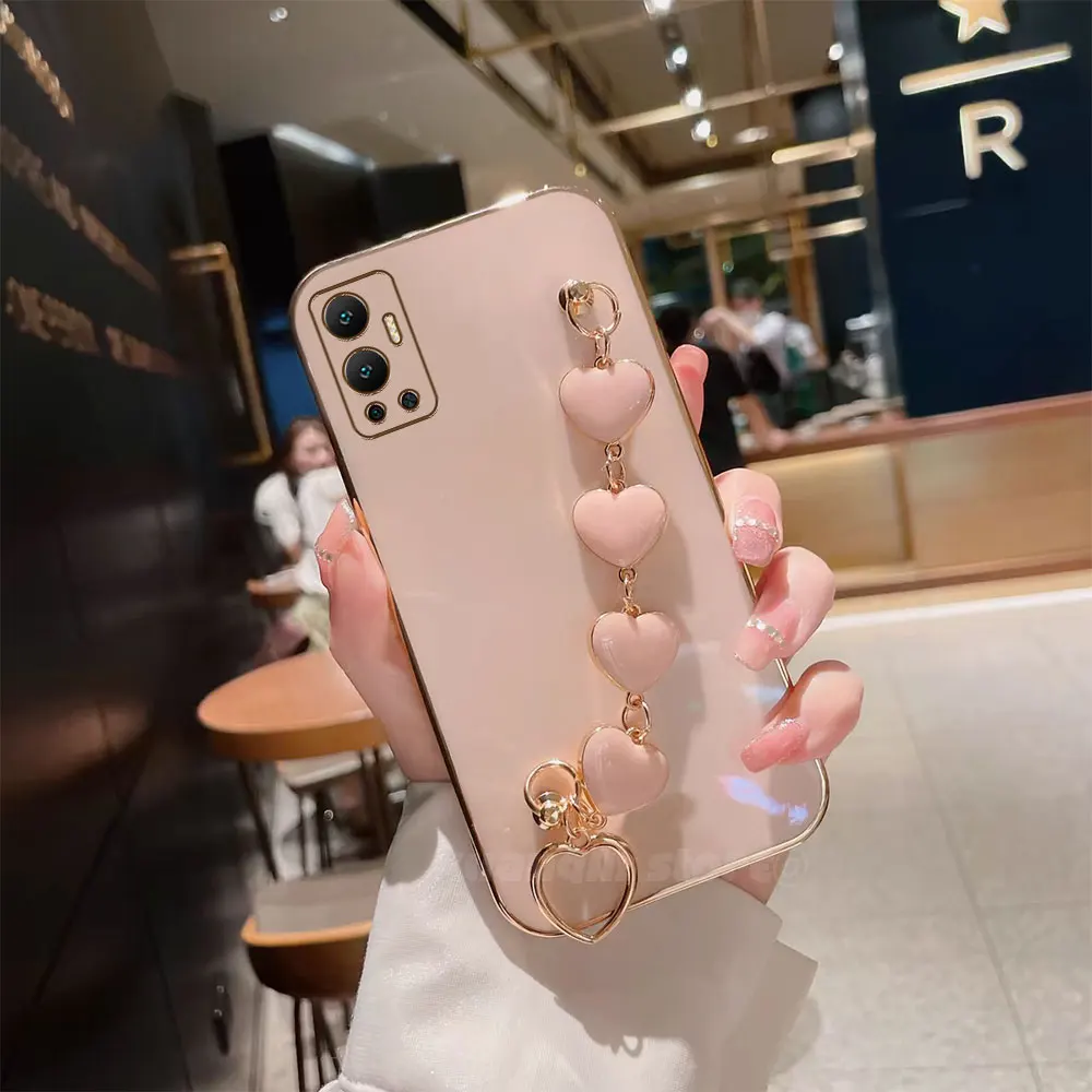 Фото sterowany różowy łańcuszek z paskiem na nadgarstek etui na telefon dla Infinix Hot 12 X6817 X6817B Hot12 miękka silikonowa tylna obudowa z TPU №1