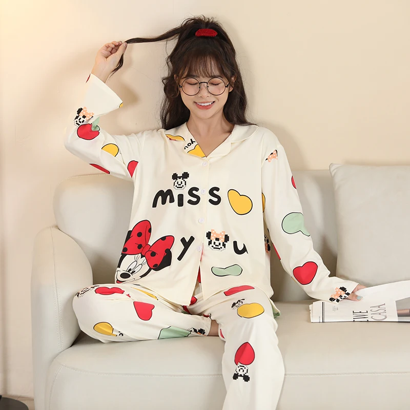 Disney Minnie Mouse Pajama Set for Women Winter Pijamas Feminino Warm Sleepwear White PJ 2022 Fashion Cute Kawaii Pyjama Femme