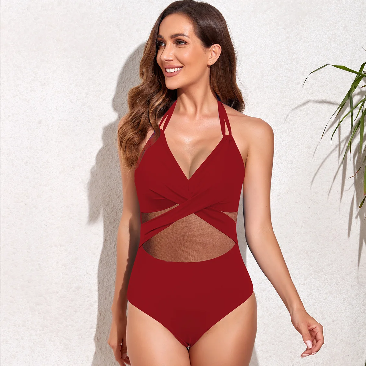 

Women's Swimsuit 2022 New Vintage Swimwear Mesh One Piece Bathing Suit Sexy High Waist Monokini Beach Halter Swimming Suits
