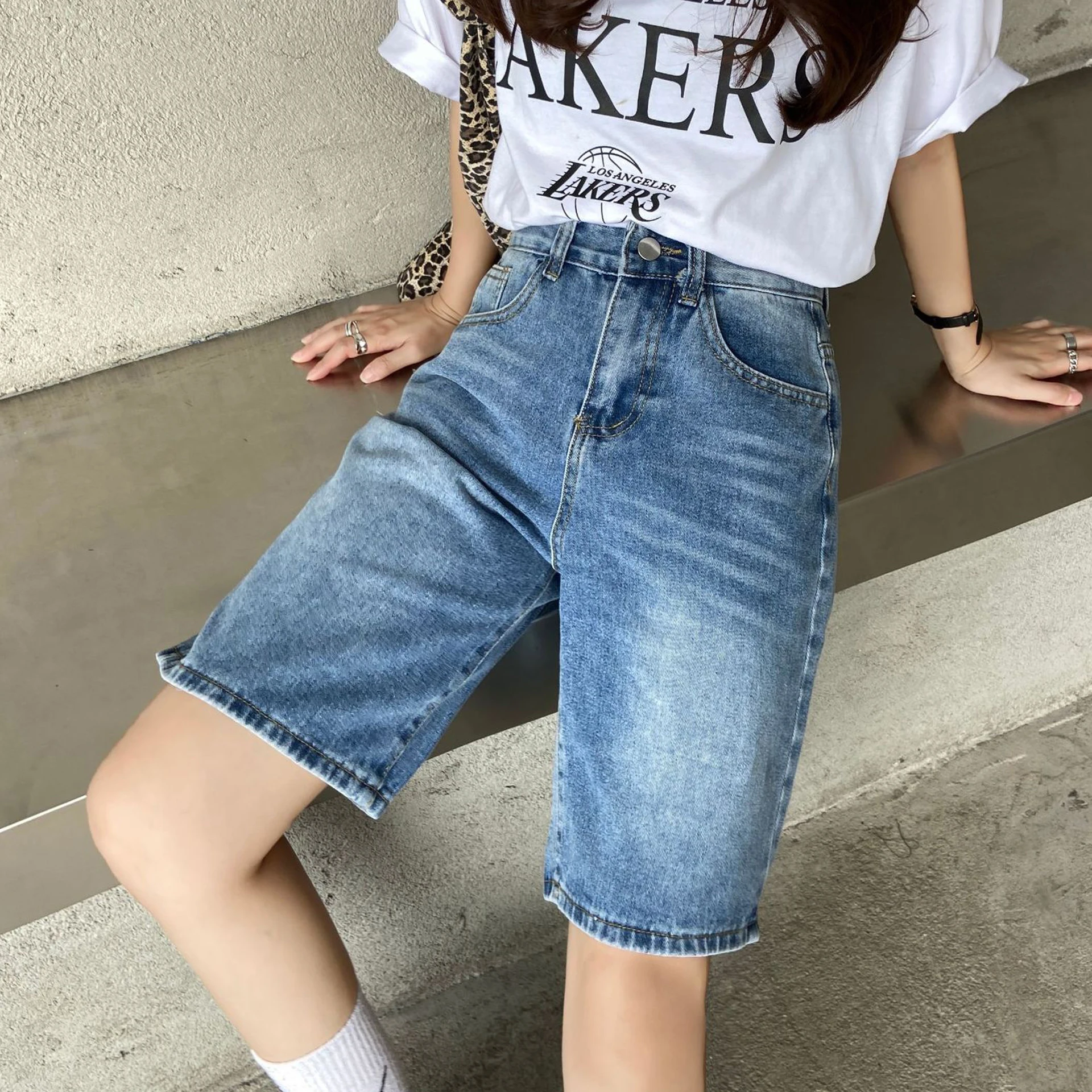 2023 New Summer Women Denim Shorts Women Harem Ruffled Blue High Waisted Shorts Female Elastic Jeans Shorts Casual Female Loose