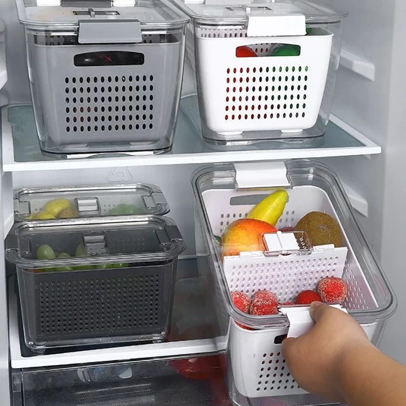 

Fridge Storage Box Fresh Vegetable Fruit Boxes with Drain Basket Storage Containers With Lid Kitchen Plastic Storage Container
