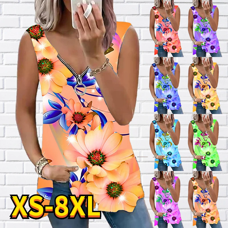 

2022 Women's Tank Top Sexy V-Neck Zipper Sleeveless T-Shirt Street Casual Loose Pullover Top New Floral Print Women's Tank Top