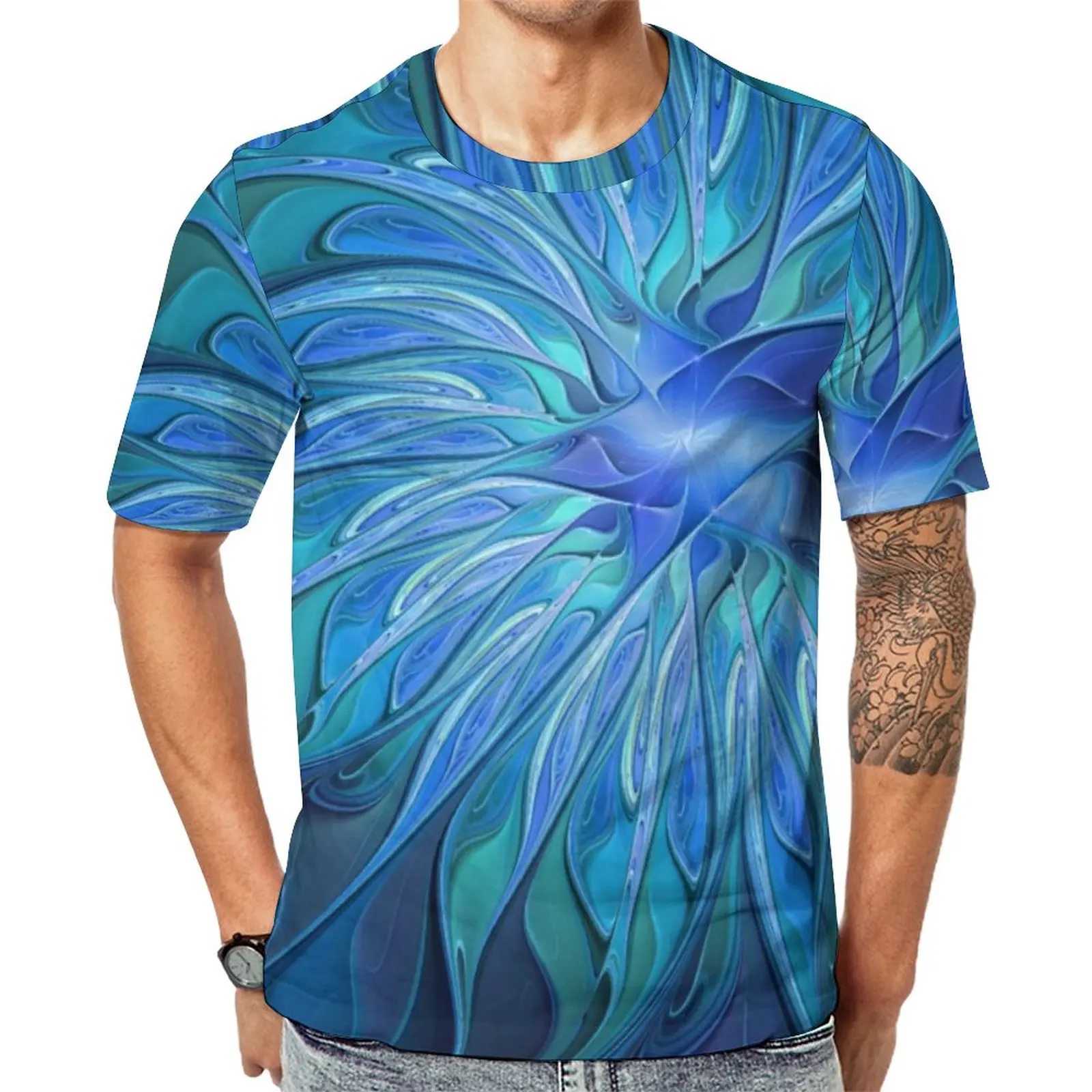 

Abstract Flower Art T Shirt Blue Fantasy Mens Hippie T-Shirts Summer Graphic Tee Shirt Short Sleeve Basic Oversized Tops Gift