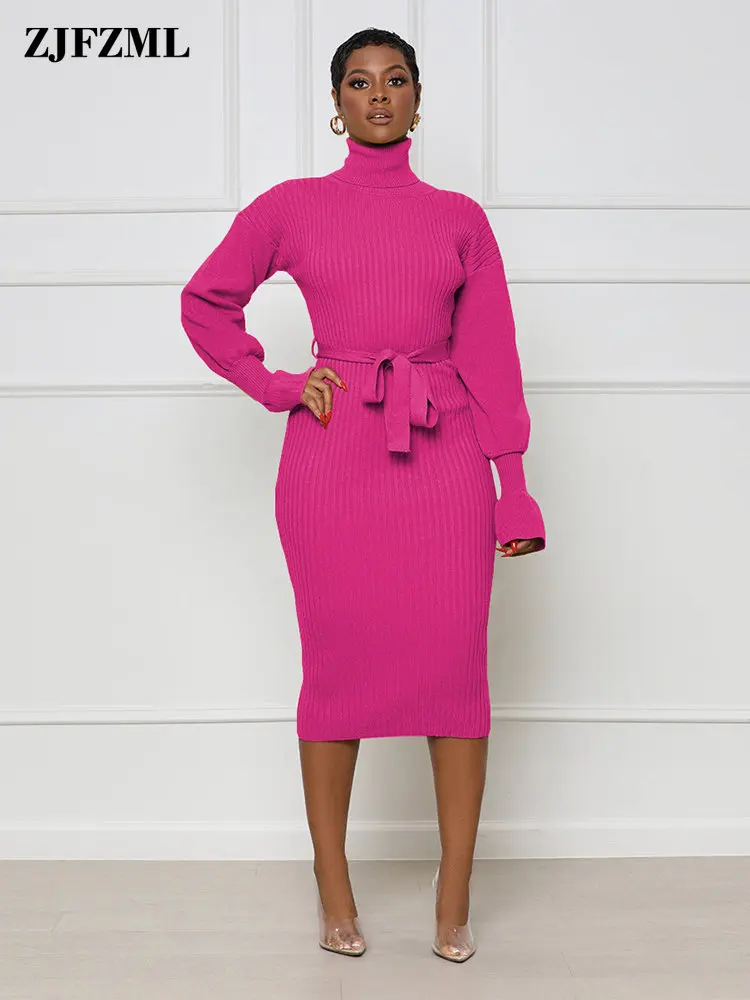 

Fall Winter Women's Knitted Sweater Dresses Classic Turtleneck Long Sleeve Bodycon Dress Vintage Solid Package Hip Midi Vestidos