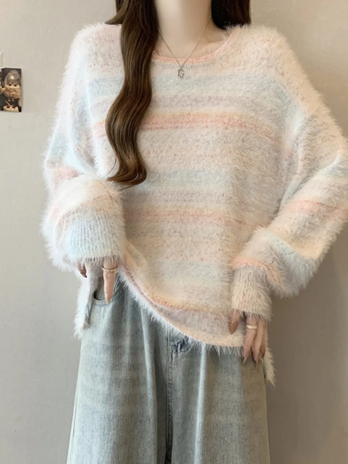 Color Stripe Short Front and Long Back Dalang Sweater Outerwear Women Autumn Winter Outer Wear Chaoshan Knit Top Plus siz...