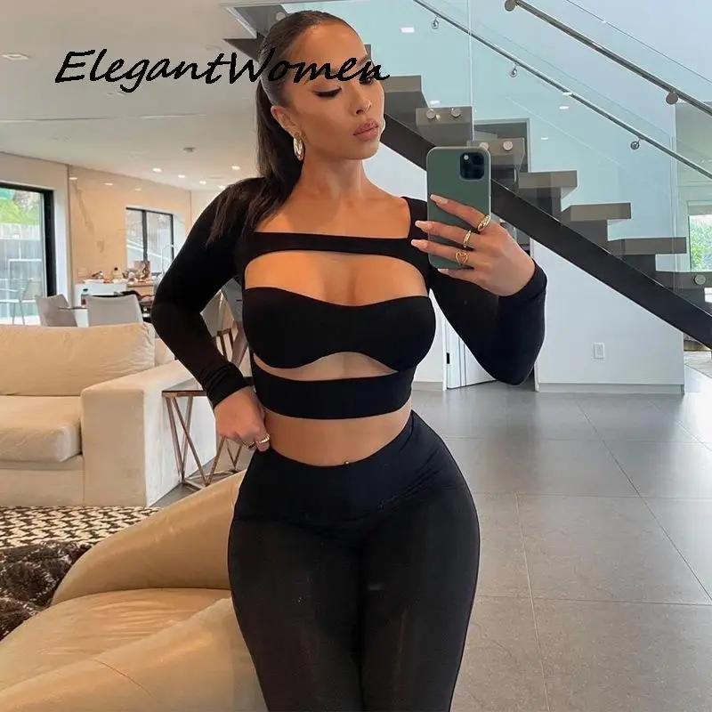 

Женский летний бандажный комплект из 2 предметов, укороченный топ с квадратным вырезом и леггинсы с вырезами и брюки, черный сексуальный праздничный наряд