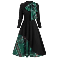 autumn gothic retro dress women party dress plaid contrast bowknot flared overlay dress long sleeves casual traf vestidos 2022