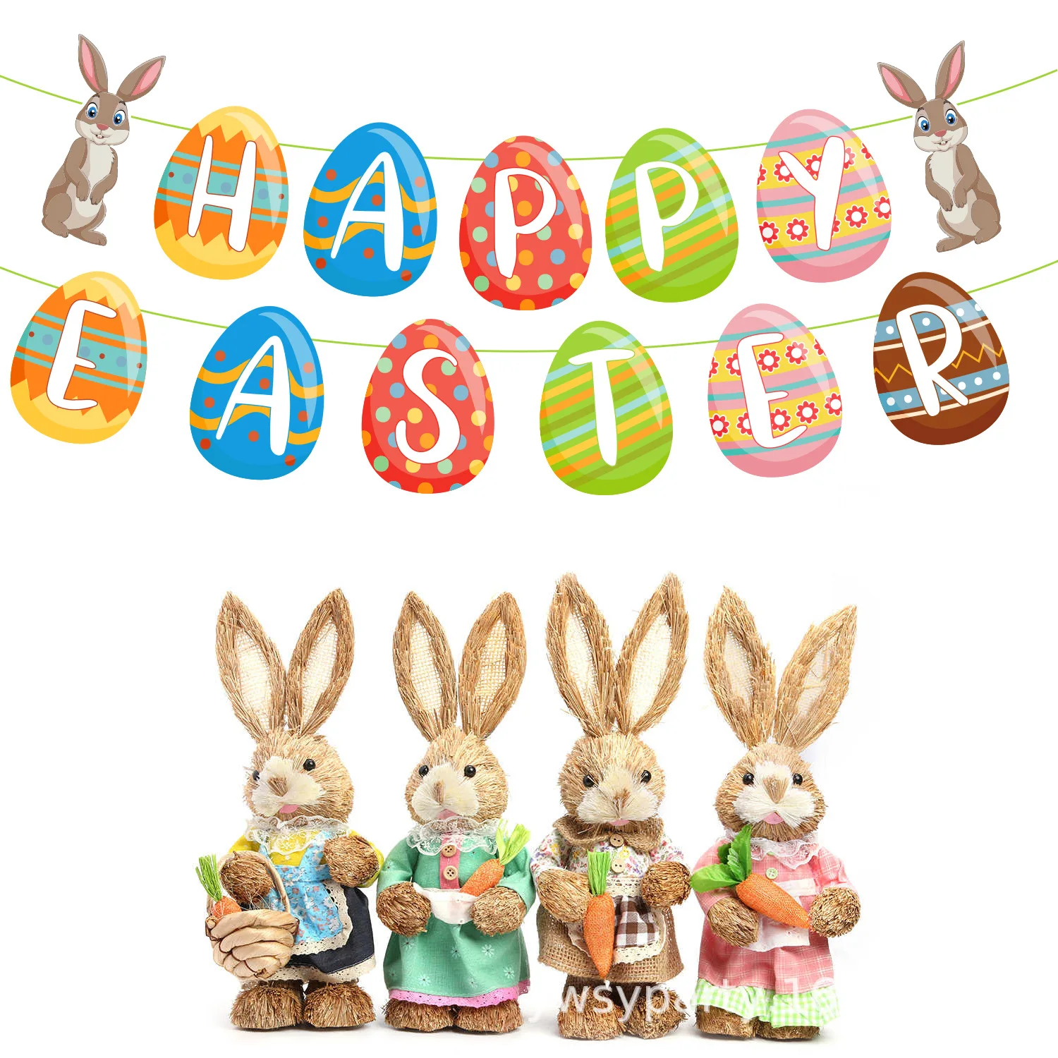 

13pxs Easter Themed Pull Flag Bunny Egg Banner Easter Party Decoration Supplies