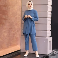 eid ramadan set woman 2 pieces muslim two piece suit solid turkish pants tunic arabic hijab moroccan kaftan islamic clothes set