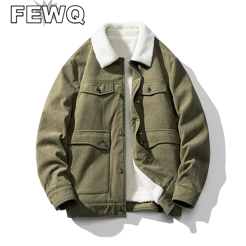 

FEWQ Corduroy Men's Spliced Woolen Jackets Turn-down Collar Single Breasted Casual Male Tops 2022 Winter Fashion New Coat 24B637