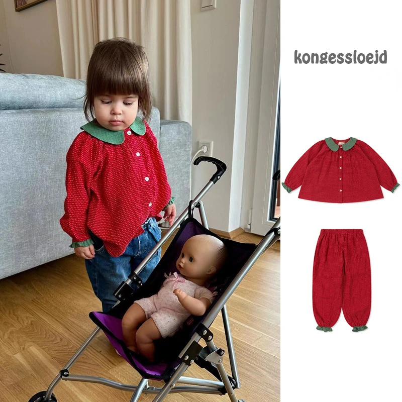 

Autumn Konges Slojd Kids Clothing Baby Girls Red Polka Dot Long Sleeve T Shirts Children's Cute Ruffled Trousers Strawberry Suit