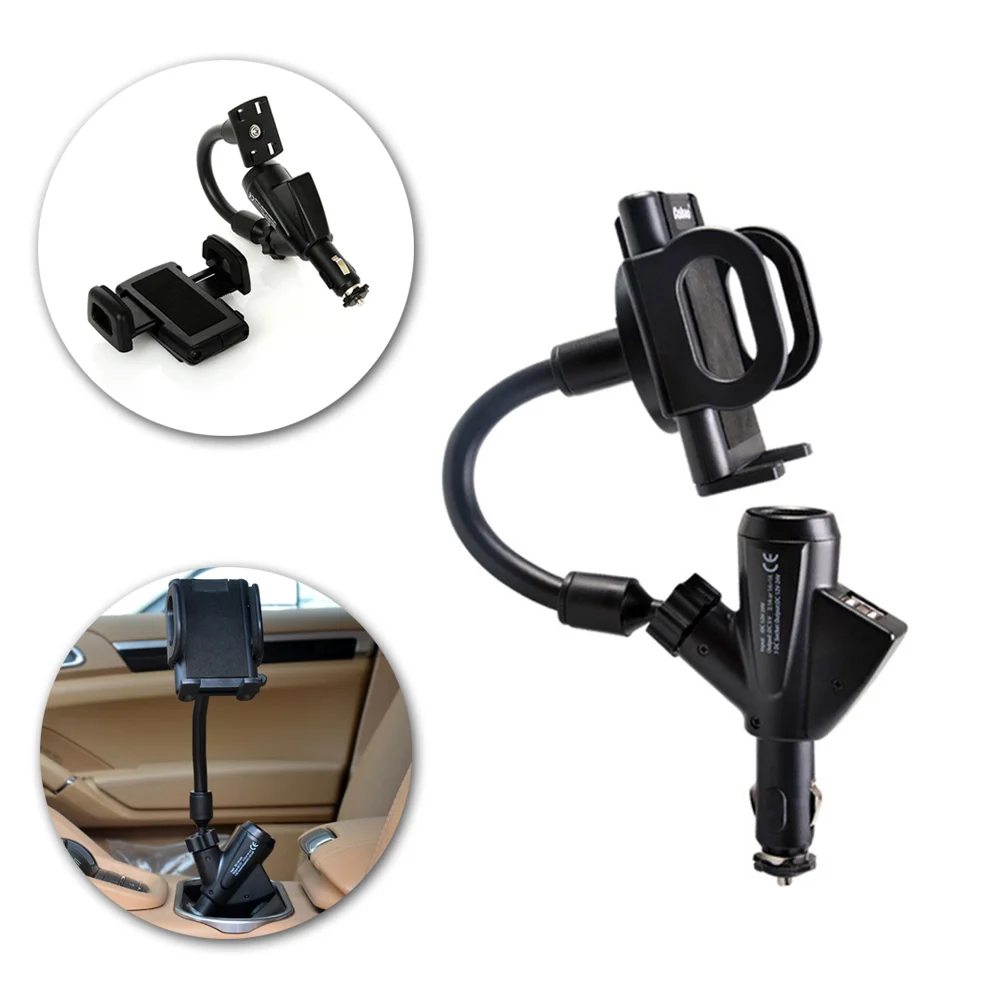 

Car Phone Mount Charger Cigarette Lighter Phone Holder Dual USB Charger for Phones Tablets and More Devices
