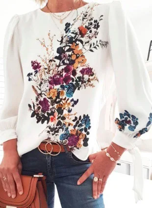 

Printed T-shirt Women Spring 2022 New O Neck Long Puff Sleeve Loose Tops