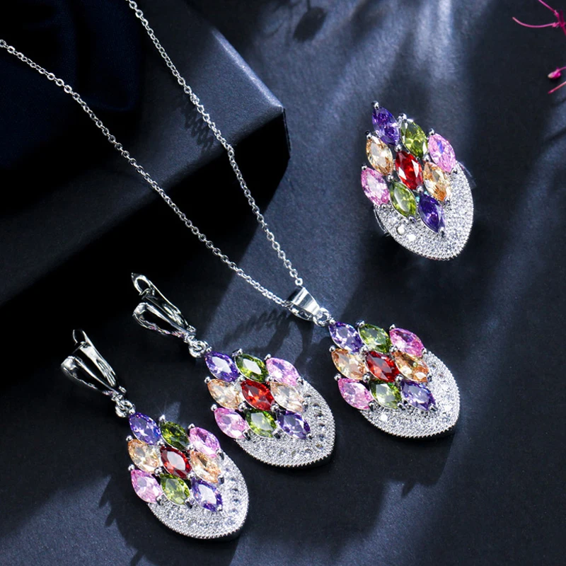 

ThreeGraces Elegant Multicolor Cubic Zirconia Silver Color Big Dangle Earrings Ring Necklace Party Jewelry Set for Women JS552