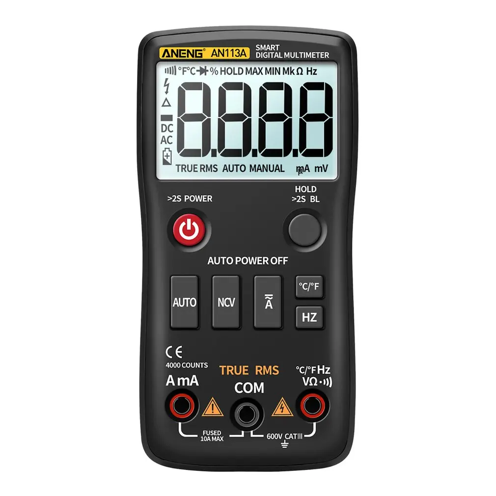 

Digital Multimeter True RMS With Temperature Tester 4000 Counts Auto-Ranging AC/DC Transistor Voltage Meter AN113A