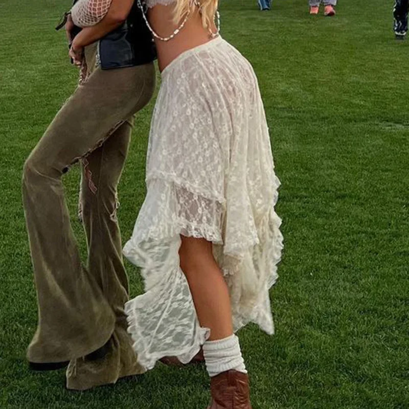 

Sexy Transparent Irregular Long Skirts Vintage Ruffles Patchwork Loose Lace A-line Midi Skirt Women Y2k Summer Holiday