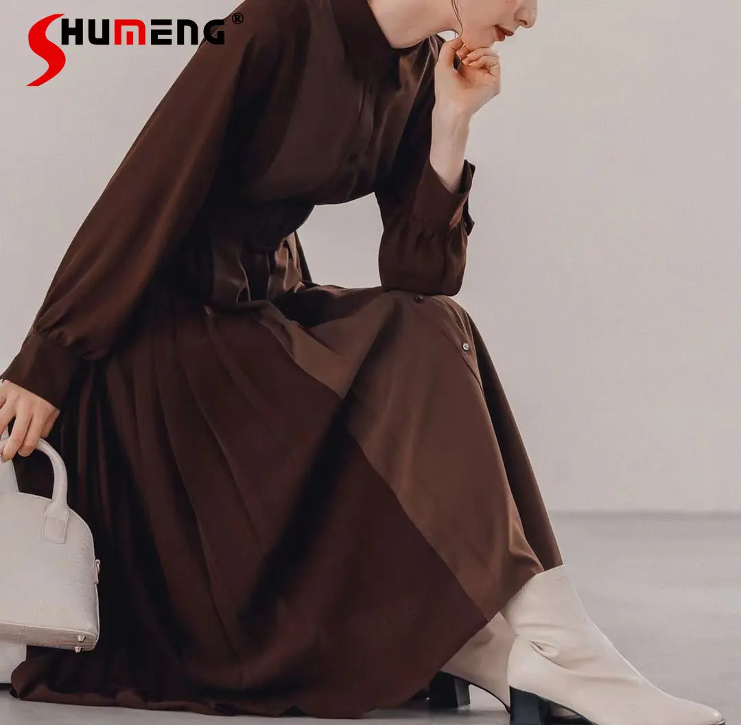 Elegant Belted Chiffon Stitching Pleated Long Large Hem Dress 2023 Spring and Autumn New Office Ladies Slim Waist Brown Dresses