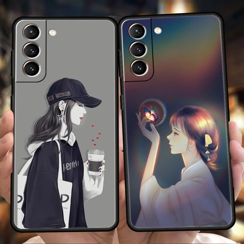 

Cartoon Scenery Girl Phone Case For Samsung S22 S20 S21 FE Note S21 20 10 Ulrta S10 S10E S9 M21 M22 M32 M31 5G Plus TPU Shell