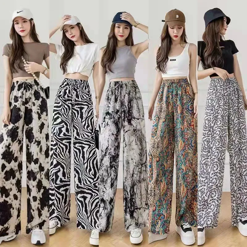 

Chiffon Ink Painting Dye Pants Women's Summer Thin Casual Ice Silk Leggings Draping Mop Pants Straight Wide-Leg Pants