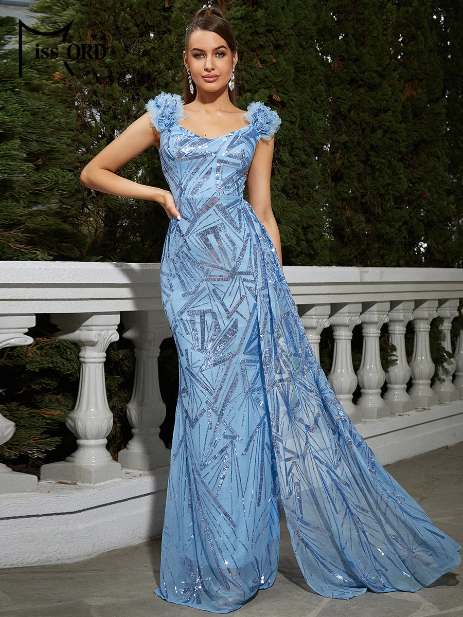 

Missord New Sleeveless Mesh Ribbon Sequin Slim Prom Dresses Cocktail Party Elegant Blue Evening Dress Women Celebrate Dress