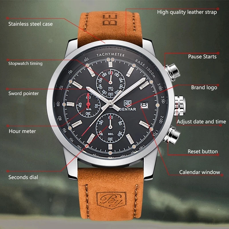 BENYAR Design Top Brand Luxury  Men Watch Waterproof Sport Quartz Chronograph Military Watch Men Clock Relogio Masculino 5102 enlarge