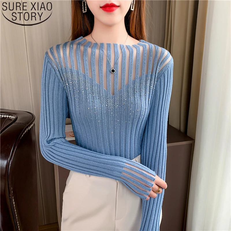 

Autumn 2023 New Women Long Sleeve Bright Yarn Sweater Mesh Stitched Pullover Half High Collar Sexy Bottoming Knitted Tops 23075