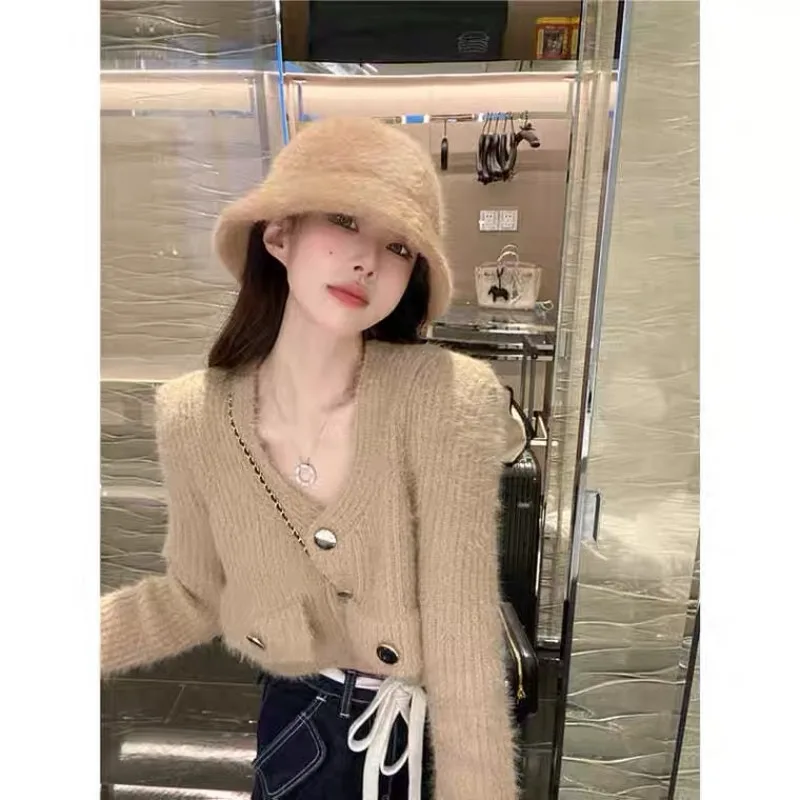 

Knitted Velvet Women's Cardigan Winter 2023 Cashmere Sweaters Stylish Long Sleeve Slim Korean Jumpers Solid Clothing YCMYUNYAN