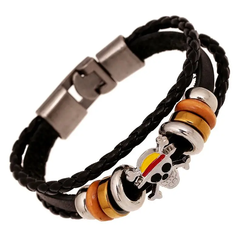 

Newly Classic Japan Anime One Piece Charm Bracelet Wooden Beads Multilayer Leather Bracelet Punk Black Wrap Wristband Accessorie