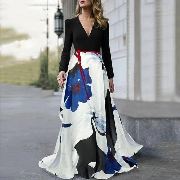 

Dress 2022 early autumn long sleeved V-neck large hem skirt women