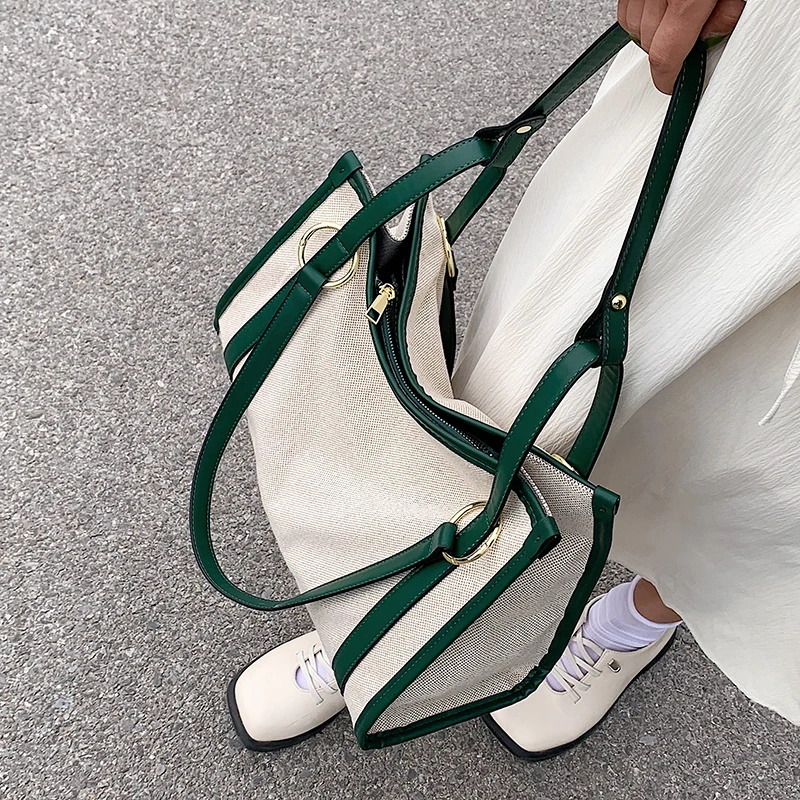 

Large Capacity Canvas Tote Bag For Women New Luxury Designer Brand Fashion Contrast Green Shoulder Messenger Bags