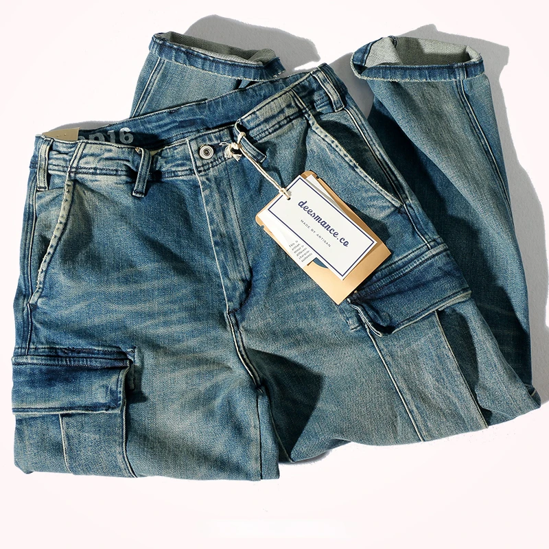 Trousers men's nine minutes pants loose small straight retro washed old heavy stretch jeans.