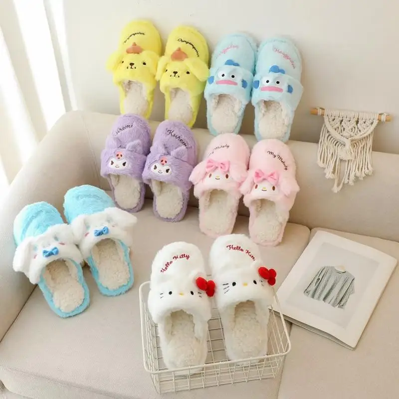 

Милые милые плюшевые хлопковые тапочки Sanrio Hellokitty Kuromi Mymelody Cinnamoroll Pompompurin, домашняя обувь, подарок на день рождения для девочек