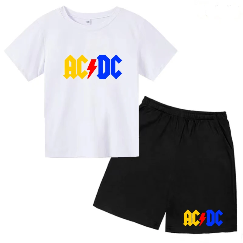 Children's Summer AC Lightning DC Printed T-shirt 3-12 Year Old Boys' Casual Short Sleeve Top+Shorts 2P Beautiful Girl Charm Set