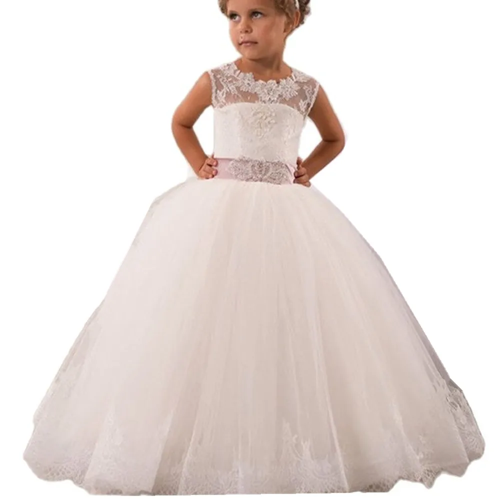 

White ivory Flower Girl Dress Kids Pageant Birthday Formal Party Lace Long Dress Bowknot First Communion Dress Prom Gown 2-14Y