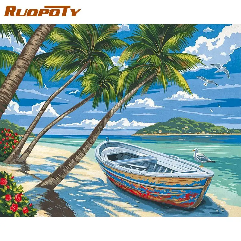 RUOPOTY Modern Painting By Numbers Frame Handmade Picture Drawing Seaside Coconut Tree Diy Crafts Home Decor Gift For Adults